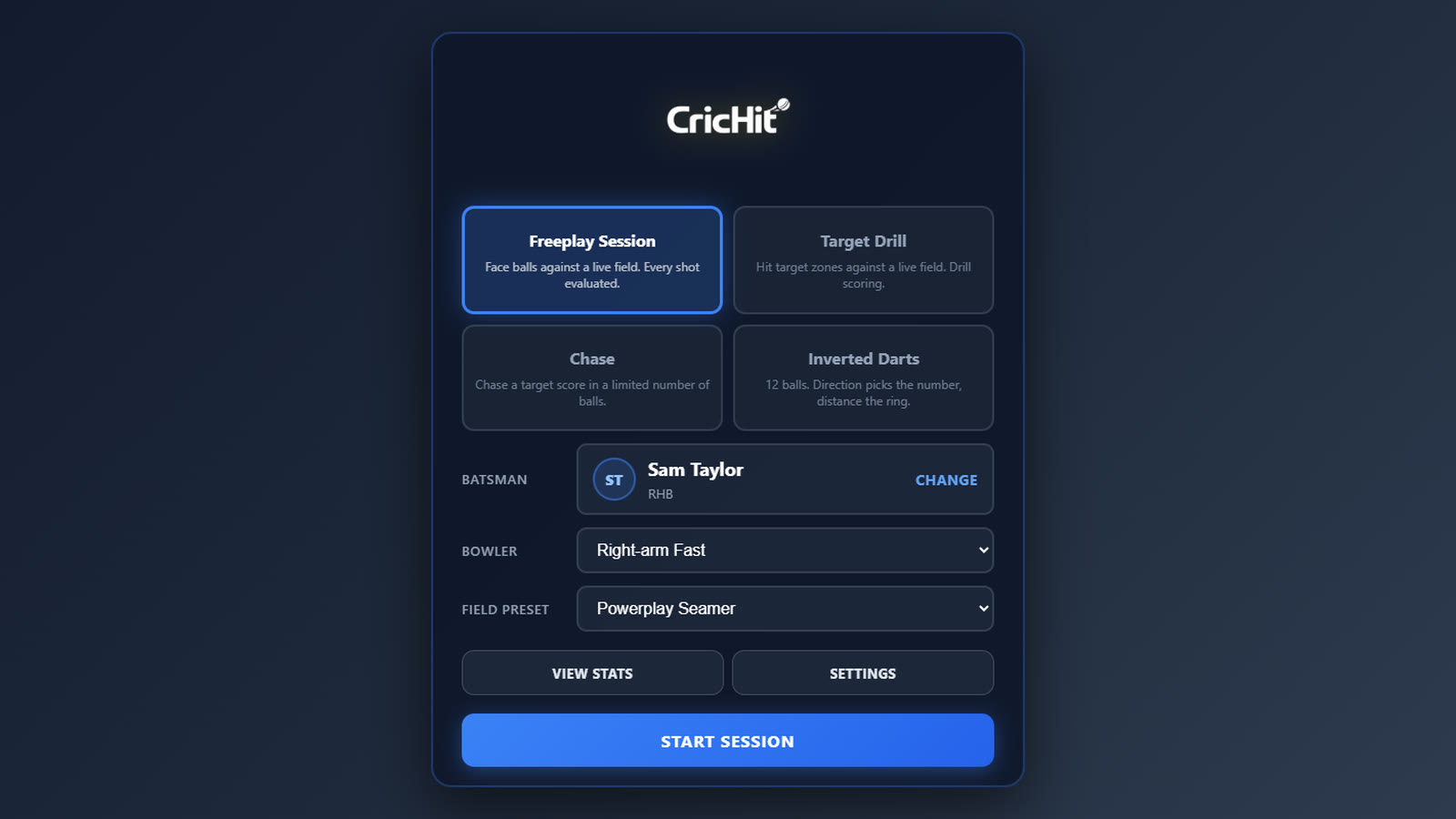 CricHit session setup: game mode, batsman, bowler and field preset